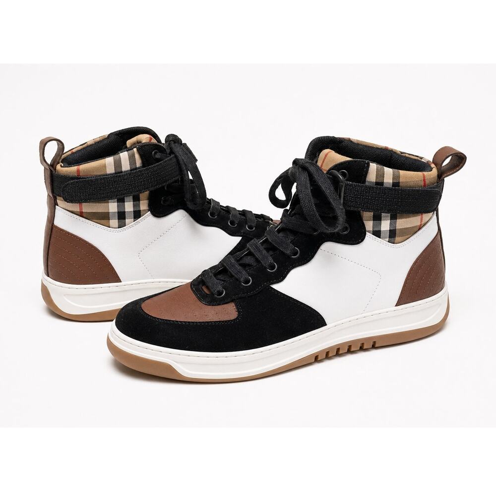 Burberry Optic White Camel Leather and Suede Dennis High Top Sneakers Men's US11